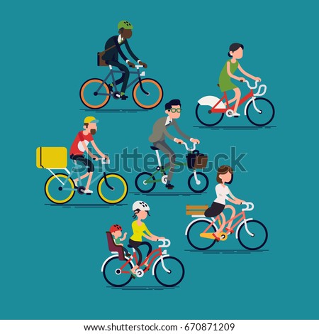 Abstract people riding bikes. Cool vector flat design concept on diverse group of people on bikes. Bicycle commuters