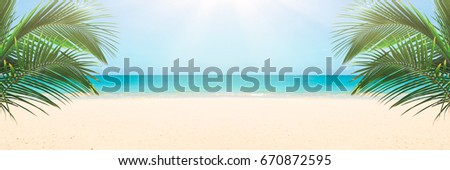 Sunny tropical beach, turquoise Caribbean sea with palm trees
