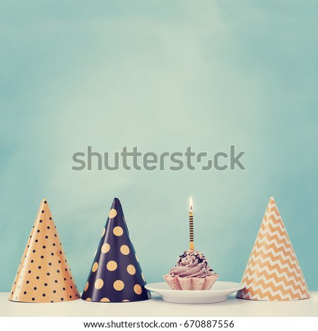 Carnival,Birthday party background with cake and carnival hats