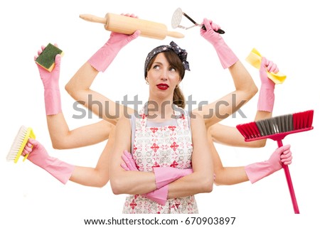 Very busy multitasking housewife on white background. Concept of supermom and superwoman Royalty-Free Stock Photo #670903897
