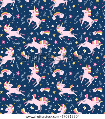 Unicorn magic seamless vector pattern. 