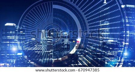 Background conceptual image with virtual interface against night glowing city