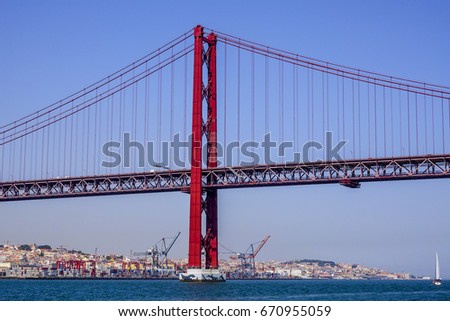 Famous 25th April Bridge over River Tajo in Lisbon aka Salazar Bridge