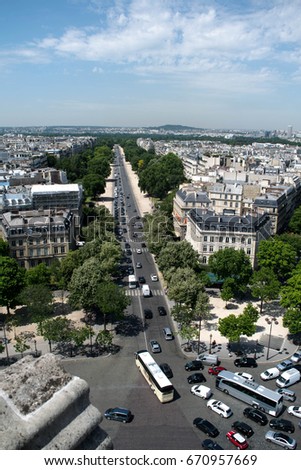 Beautiful aerial view of Paris, France from the top of the Arc de Triomphe.