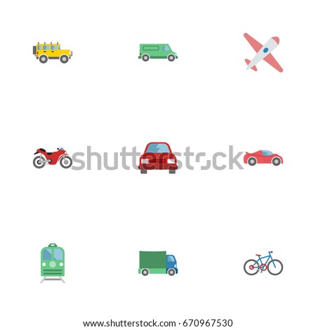 Flat Icons Carriage, Bicycle, Luxury Auto And Other Vector Elements. Set Of Transport Flat Icons Symbols Also Includes Automobile, Jeep, Airplane Objects.