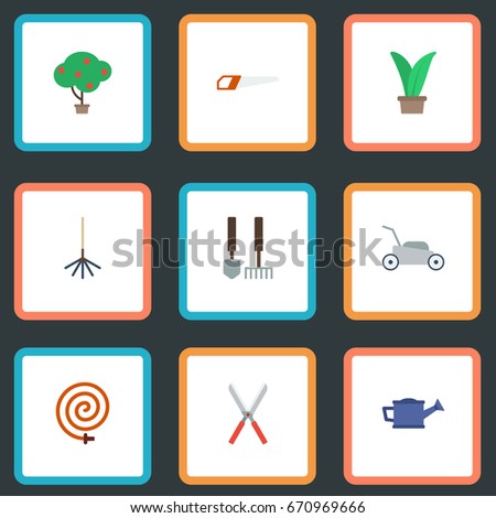 Flat Icons Green Wood, Watering Can, Plant And Other Vector Elements. Set Of Agriculture Flat Icons Symbols Also Includes Instruments, Garden, Hose Objects.