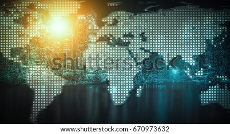 Double exposure of world map and cityscape of business centre connecting. Technology and network connection concept. Some element of this image furnished by NASA. Royalty-Free Stock Photo #670973632