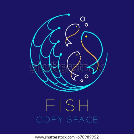 Fish, Fishing net circle shape and Air bubble logo icon outline stroke set dash line design illustration isolated on dark blue background with Fish text and copy space