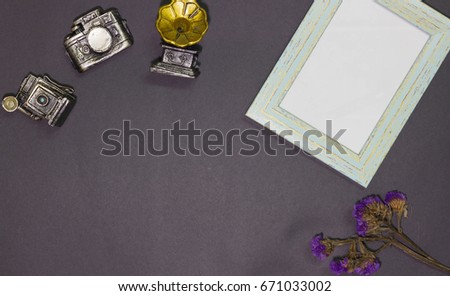 Rasin camera models ,speaker and photo frame with dried flowers on black backdrop with copy space.