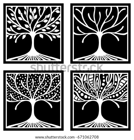 Set of hand drawn illustration, decorative ornamental stylized tree. Black and white graphic illustration isolated on the white background. Inc drawing silhouette. Decorative artistic ornamental wood