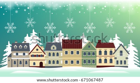 Flat winter cityscape. Snowy city, town or village with falling snow. Urban landscape. Vector illustration.