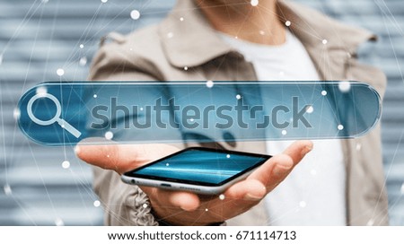 Man using tactile interface web address bar to surf on internet 3D rendering