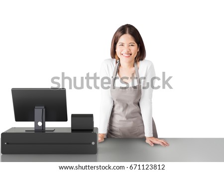 asian worker with cashier desk on white background Royalty-Free Stock Photo #671123812