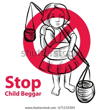 Hand drawn Child lake a freedom they need education,red symbol stop child beggar vector,sad child beggar