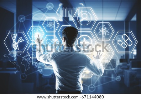 Back view of young businessman pressing digital medical buttons on blurry interior background. Touchscreen concept. Double exposure