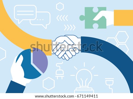 Vector flat linear illustration related of team work, cooperation, collaboration and interaction Royalty-Free Stock Photo #671149411