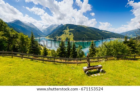 Awesome image of the Durlassboden reservoir. Location municipality of Gerlos in Zillertal valley, Austrian states of Tyrol and Salzburg. Reichenspitz range, High Tauern National Park. Beauty world.