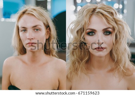Make-up and hairstyle for a girl, before after


