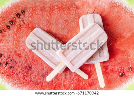 Watermelon popsicles on fresh and natural background. Refreshing summer dessert.
