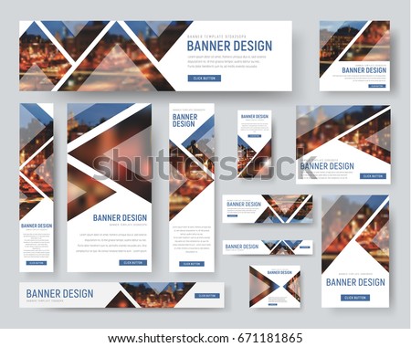 Template of white banners of standard size for the web. Design with triangular elements for a photo. Blurred image for example. Vector illustration. Set