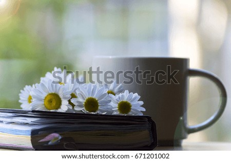 Mug, daisies, Notepad, glasses. The concept of a Sunny summer morning.