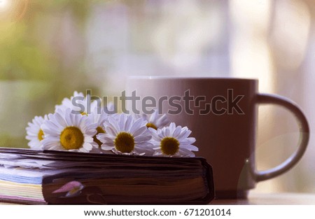 Mug, daisies, Notepad, glasses. The concept of a Sunny summer morning.