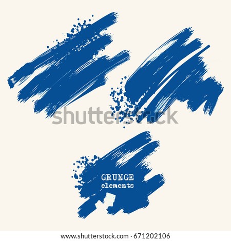 Vector set of blue brush strokes. Grunge isolated elements. Smoke brushes for your design. Freehand. Watercolor splash. Acrylic stamp. Vector illustration