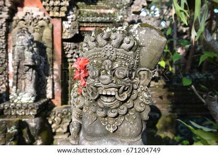 Closeup of traditional Balinese God statue in Bali temple