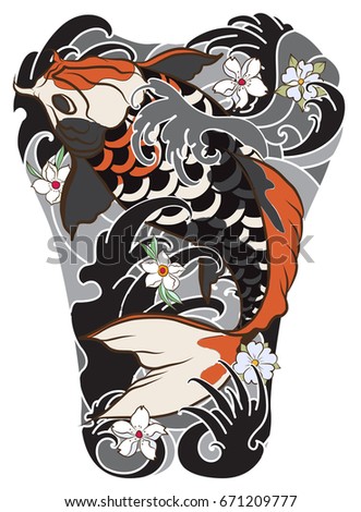 Hand drawn Koi fish with peony flower and wave tattoo,Japanese tattoo for Back body,  Japanese carp line drawing coloring book vector image.Colorful Koi carp with Water splash