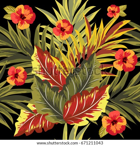 Tropical seamless floral pattern with leaves of palm tree and hibiscus flowers. Hand-drawn floral background for printing on fabric, clothing, home textiles, wallpaper, gift wrapping.