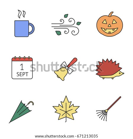Autumn season color icons set. Hot drink mug, pumpkin, wind blowing, school bell, hedgehog, umbrella, maple leaf, rake, September 1 calendar. Isolated vector illustrations