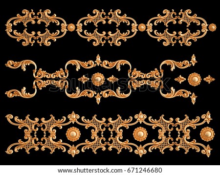 Gold ornament on a black background. Isolated. 3D illustration