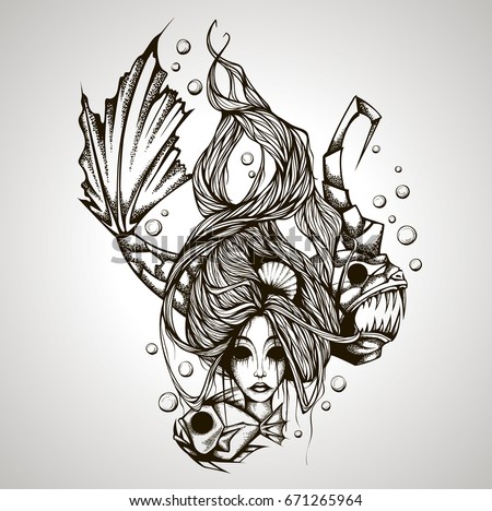Vector illustration of zodiac sign Pisces. The girl with long hair isolated on white background. Black and white drawing. Marine fish, aquarium animals. Line art mermaid with fish