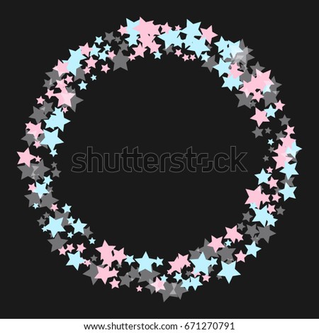 A circle or letter vector O, filled with multicolored stars. Decorative pattern with a small night sky on a black background. Fashionable design of confetti. Birthday party. Striped Round Element