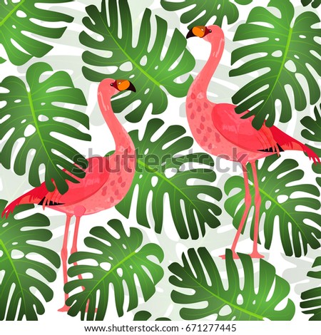 Flamingo pattern and green tropical leaves