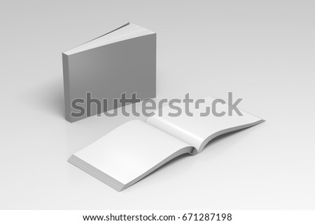 Blank gray horizontal soft cover books open and standing on white background. Isolated with clipping path around each book. 3d illustration