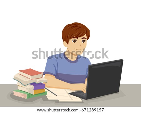 Illustration Featuring a Young Teenage Boy Sitting Beside a Pile of Books Typing on His Laptop