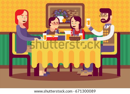 Cute Family Meal. Father, Mother, Son and Daughter Together Sit at the Table and Have Lunch. Vector Illustration in a Flat Style