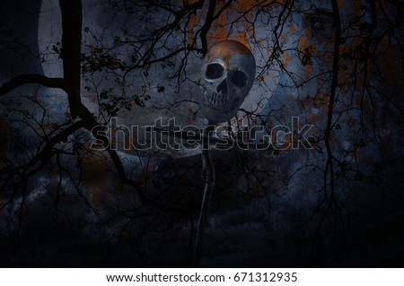 Human skull on wood cross over dead tree, moon and cloudy sky blend with orange grunge stone texture, Halloween concept