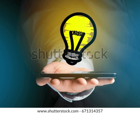 View of a Innovation bulb lamp turned on displayed on a futuristic interface  - technology and inspiration concept