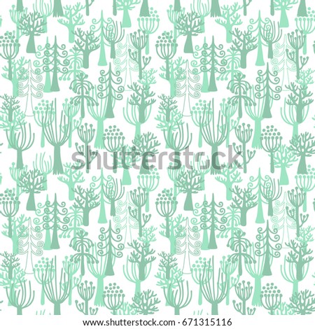 Seamless vector pattern with different green trees on white background