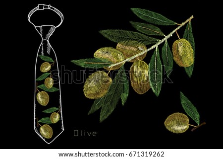 Vector illustration of embroidery, needlework with Olive branch with a green leaf. Necklace of traditional ornament decoration on black background. Modern design for clothes.