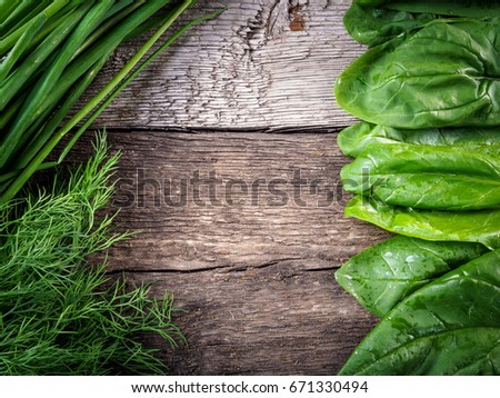Organic leaves spinach, fennel,  green onion on wooden background, photo horizontal, wet drops, green, texture, style rustic