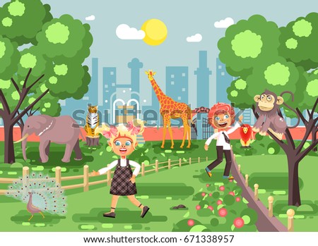 Stock vector illustration or banner for site with schoolchildren, classmates on walk, school zoo excursion zoological garden, boy and girl watching wild animals and birds flat style, city background