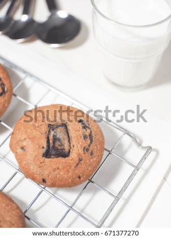 Delicious chocolate chips cookies with milk.