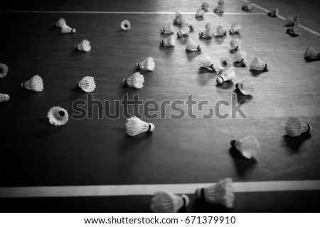 shuttlecock on the floor court badminton. Concept sport , play, teamwork, motivation, attitude. black and white picture emotionally. 