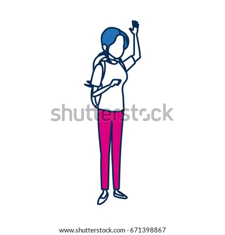 tourist girl character traveler people in blue and fuchsia