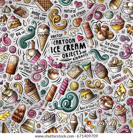 Cartoon cute doodles hand drawn Ice cream illustration. With lots of objects set. Funny vector artwork