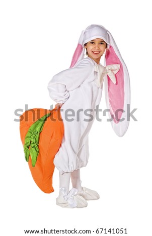 Funny Bunny-girl with carrot. Isolated over white