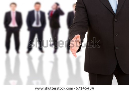 A businessman with an open hand ready to seal on business background